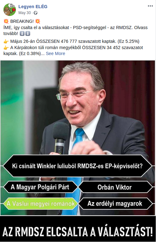 Az EP-választások után ez a hirdetés futott a Legyen ELÉG oldalon, 10-50 ezer felhasználót érve el