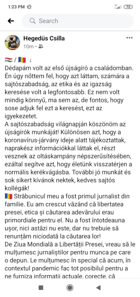 Hegedüs Csilla Facebook-bejezése a sajtószabadság világnapja alkalmából