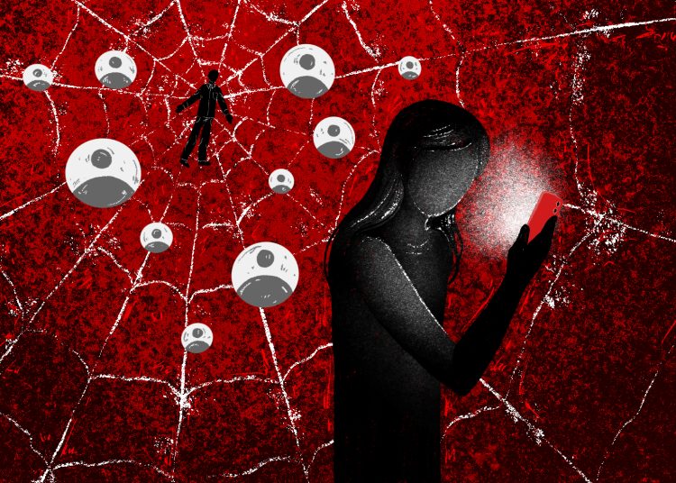 Illusztráció, amin egy férfi, különböző álprofilokkal behálózza a lányokat